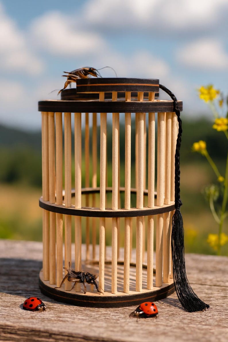 May include: A wooden insect cage with a black top and bottom, and vertical wooden bars. A black tassel hangs from the top. Two ladybugs and an insect are near the cage.