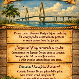 May include: A digital art image with a bridge over water, palm trees, and the text "Questions? I'm Happy to Help!". Additional text in English, Spanish, and Italian provides customer service information.