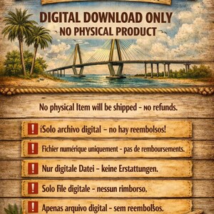 May include: Digital download file with a bridge over water, palm trees, and text that reads "LASER CUT FILE" and "DIGITAL DOWNLOAD ONLY". The image is on a wooden background with text in multiple languages.