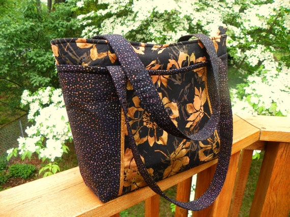 Black and Gold Floral Zippered Handbag Tote | Etsy
