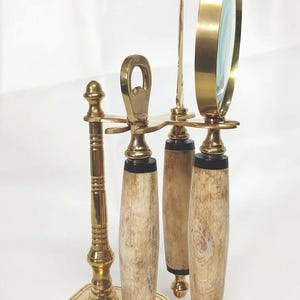 Bone Magnifying Glass Letter Bottle Opener w/Globe Laurel Wreath Desk Stand Vtg
