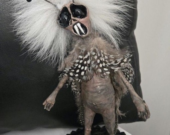 OOAK Creepy Oddity Clay Sculpt Fur & Feather Alien Mothman Insect Bug Creature