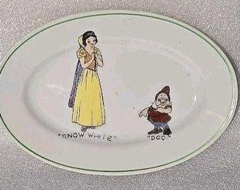 1937 Walt Disney Snow White & Doc Oval China 6" Serving Plate, Japan Antique VTG