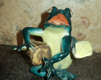 Vintage Ceramic Frog playing Drum & Singing. Occupied Japan