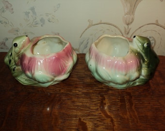 Pair Vintage Ceramic Lotus Flower Frog Planter Pots