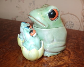 Vintage Porcelain Mama & Baby Frog Condiment Set, made in Germany