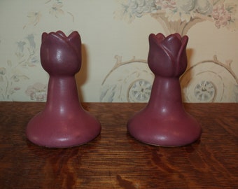 Pair Vintage Van Briggle Art Pottery Candle Holders, Tulip