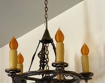 Hammered Aluminum Five Light Gothic, Tudor, Deco Chandelier by Verden