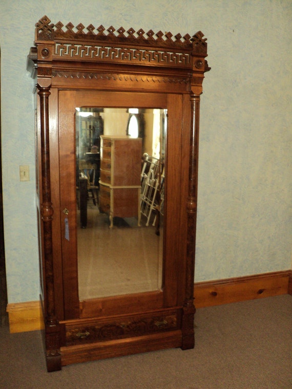 Walnut Eastlake Victorian Wardrobe Armorie Single Beveled Walnut Eastlake Victorian Wardrobe