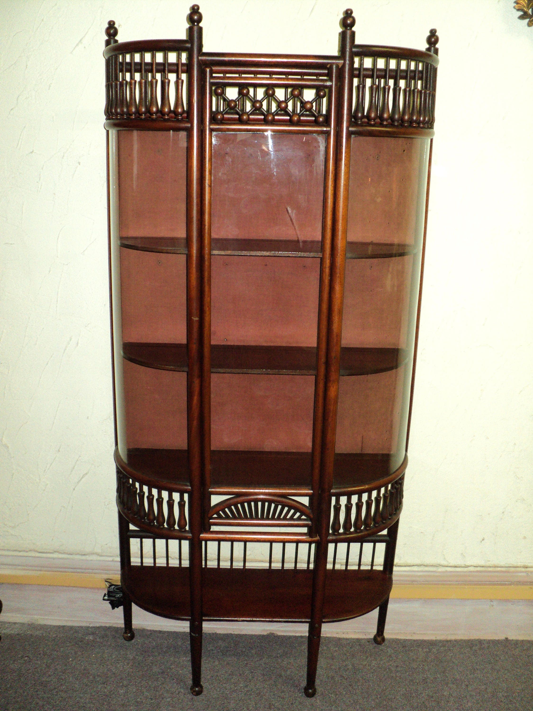 Small Antique Mahogany Stick And Ball Curved Glass Curio Etsy