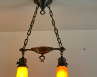 Hammered Brass Spanish Revival, Gothic Ceiling Light Fixture
