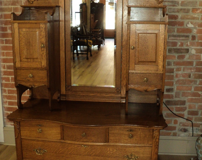 Antique Oak Gentleman's Dresser, Chest of Drawers W. Mirror, Shipping