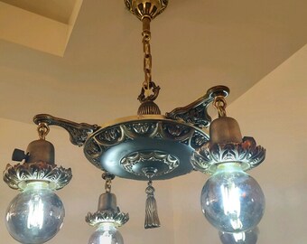 Early Electric Victorian Transitional Pan Style Light Fixture Chandelier