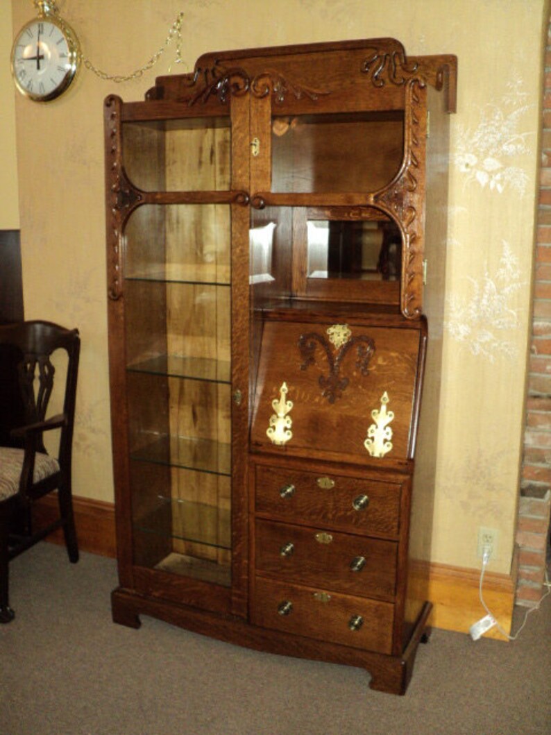 Oak Side By Side Desk Bookcase Display Cabinet On Sale Etsy