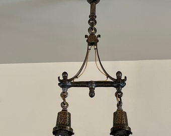 Arts & Crafts, Spanish Revival Hammered Metal  2 Arm Light Fixture