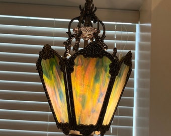 Antique Stained Glass & Brass Lantern Style Pedant Light Fixture, circa 1950's