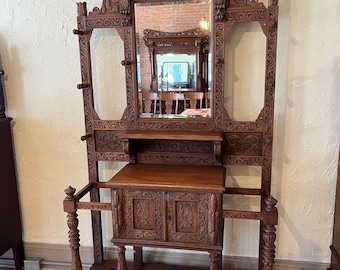 Antique Oak Jacobean Style Hall Tree w. Umbrella Stand