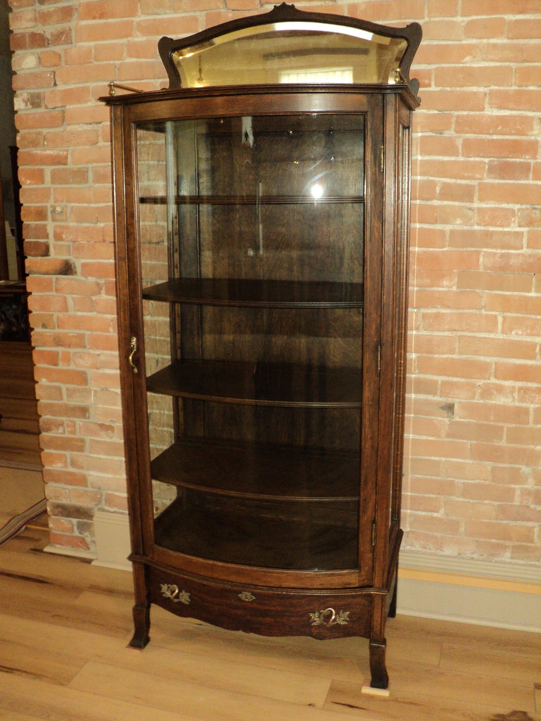 Unusual Oak Curved Glass Display W. Brass Gallery. Shipping is