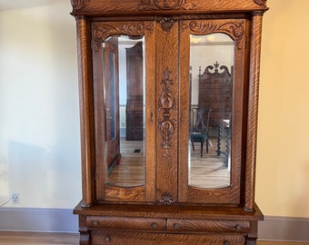 Large Antique Step Front Oak Wardrobe Armoire w. Mirrored Doors. Shipping is not free