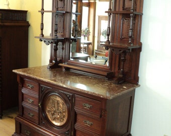 Victorian Marble Top Cherry & Mahogany Sideboard, Buffet w. Mirror