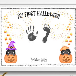 Modèle d'artisanat pour bébé Halloween, carte souvenir d'Halloween imprimable bricolage, art d'Halloween empreinte de main empreinte de main pour bébé, premiers souvenirs d'automne nouveau-né