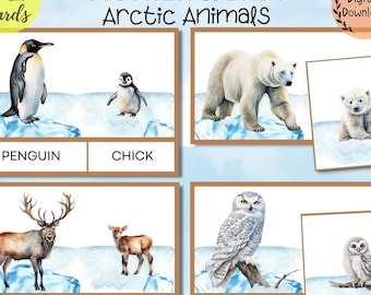 Mother and Baby Arctic Animals Matching Activity, Polar Animal Flash Cards, Preschool Montessori Printable material, Tundra Animal Puzzles