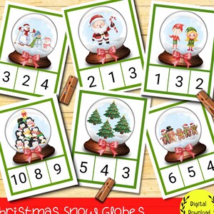 May include: Christmas-themed count and clip cards featuring snow globes with festive illustrations. Each card displays a different number of objects, such as snowmen, Santa, elves, penguins, Christmas trees, and gingerbread people, with numbers 1-10. The cards are designed for educational use.