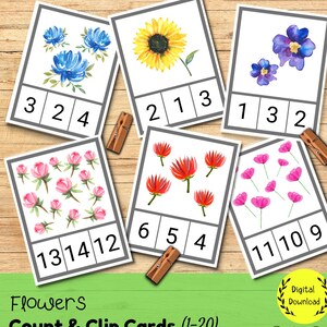 Cartões de contagem e recorte de FLORES DA PRIMAVERA 1-20, material para impressão Montessori, flashcards de números para pré-escola, unidade de primavera, quebra-cabeças de números para crianças pequenas
