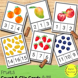 Contagem de frutas e cartões de clipes 1-20, material para impressão Montessori, flashcards com números pré-escolares, atividades de acampamento de verão, PDF de aprendizagem escolar em casa