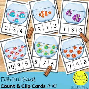 Tarjetas para contar y marcar peces del 1 al 10, Matemáticas para niños pequeños, preescolar y educación en casa, Actividad de conteo de peces de verano, Tarjetas numéricas imprimibles Montessori