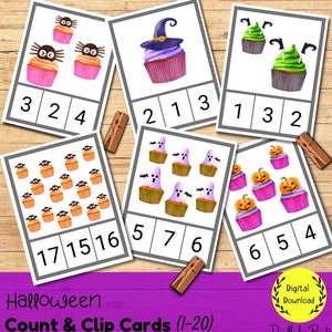 May include: Halloween-themed count and clip cards featuring cupcakes with various Halloween decorations. The cards include numbers 1 through 20.  The cards are designed for children to practice counting and matching numbers.