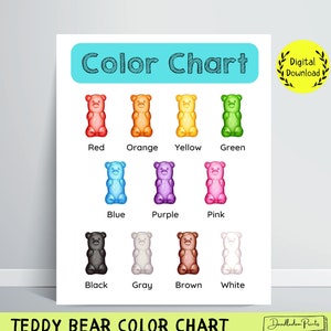 Tabla de colores, osito de peluche educativo imprimible, decoración de acuarela para guardería, aprendizaje de los nombres de los colores, póster para el aula preescolar, colores Montessori