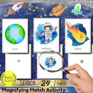 Activité d'association avec une loupe Space Thame, cartes flash d'objets spatiaux pour tout-petits d'âge préscolaire, matériel imprimable Montessori, étude des unités du système solaire