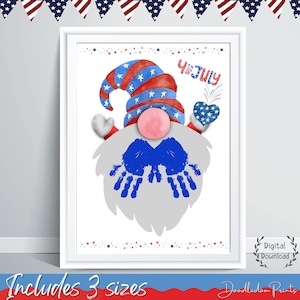 Vierde juli handafdruk, 4 juli ambachten, rood wit blauwe kabouter afdrukbare kunst, USA Independence Day DIY kaart, baby peuter kinderen aandenken