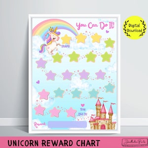 May include: A printable unicorn reward chart with a rainbow, stars, and a castle. The chart has a space for a reward and says "You Can Do It!" and "You Did It!"