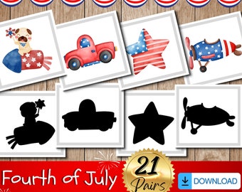 Fourth of July Shadow Matching Cards, Montessori Printable Summer Activity for Toddlers and Preschoolers, 4th of July Fun Kids Party Games