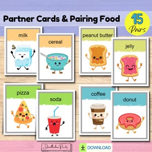Tarjetas para elegir un compañero para el aula, juego de emparejamiento de alimentos para niños, actividad de centro de aprendizaje cooperativo, desarrollo de habilidades de alfabetización temprana PDF