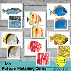 Actividad de emparejamiento de patrones de peces, material Montessori imprimible, tarjeta didáctica de animales marinos para niños en edad preescolar, juego de cartas de peces tropicales coloridos para niños