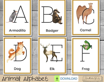 May include: A set of six alphabet flashcards featuring uppercase letters A through F. Each letter is illustrated with a different animal, such as an armadillo, badger, camel, dog, elk, and frog. The flashcards have a gold border and are set against a woodgrain background. The text "Animal Alphabet Uppercase Flashcards" is at the bottom of the image.