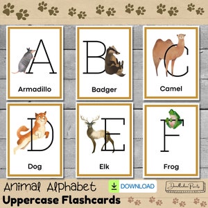 ABC Animal Flashcards, Montessori Printable Alphabet Flashcards, Preschool Uppercase Letters, Homeschool Animal Names, ABC Toddler Cards