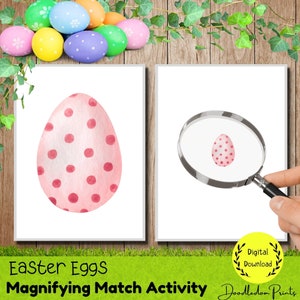 May include: Printable Easter egg matching activity. Two cards, one with a pink egg with red polka dots, the other with a magnifying glass showing a close-up of the same egg.