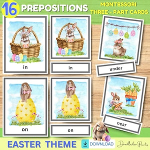 Cartões ilustrados de preposição de PÁSCOA, cartões de três partes de linguagem e gramática Montessori, cartões flash imprimíveis, PDF de estudo da unidade de Páscoa pré-escolar