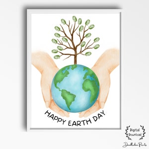 Empreinte artistique du jour de la Terre, artisanat d'arbre empreinte de pouce du jour de la Terre pour enfants d'âge préscolaire, projet d'art imprimable du jour de la Terre, carte bricolage souvenir enfants du Jour de la Terre