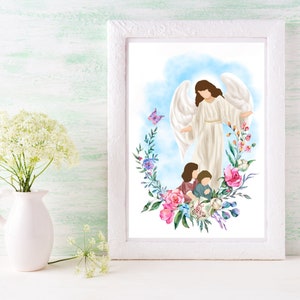 Arte para impressão de anjo, pintura em aquarela de anjo da guarda, arte de parede de anjo com crianças, impressão de berçário cristão, decoração minimalista católica