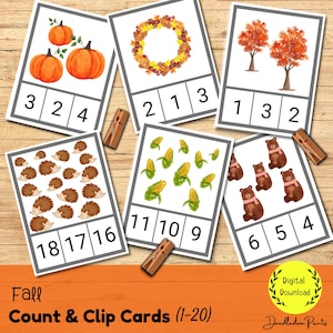 Cartões de contagem e clipes FALL Montessori (1-20), material para impressão em PDF educacional pré-escolar, matemática de outono em aquarela, atividade com número de creche
