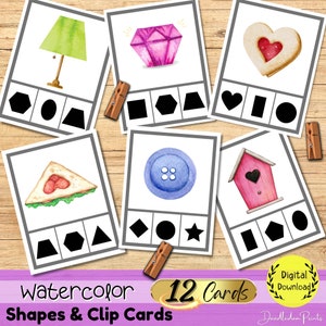 Cartões de clipe em formato 2D Montessori, atividade de correspondência para crianças para impressão, estudo de unidade de verão pré-escolar, quebra-cabeças de jogos de matemática para crianças, flashcards de formato