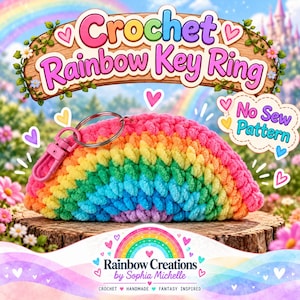 Pode incluir: Um porta-chaves arco-íris em croché em forma de semicírculo com riscas vibrantes de fio rosa, laranja, amarelo, verde, azul e roxo. O artigo inclui um anel de metal prateado e um mosquetão de plástico rosa preso na borda superior.