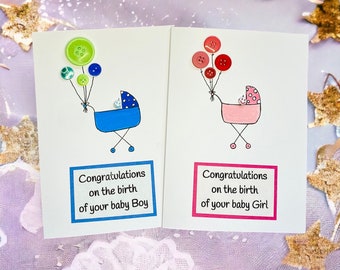 New Baby Congratulations Button Cards - Boy or Girl Designs to choose from