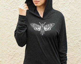 Death's Head Moth long sleeve hooded shirt, hoodie t-shirt, hawkmoth skull, steampunk gothic