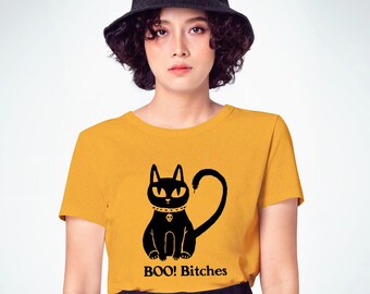 Camiseta de Halloween Black Cat, camiseta boo bitches, gatito espeluznante, lindo gato gótico, divertida camisa de fiesta